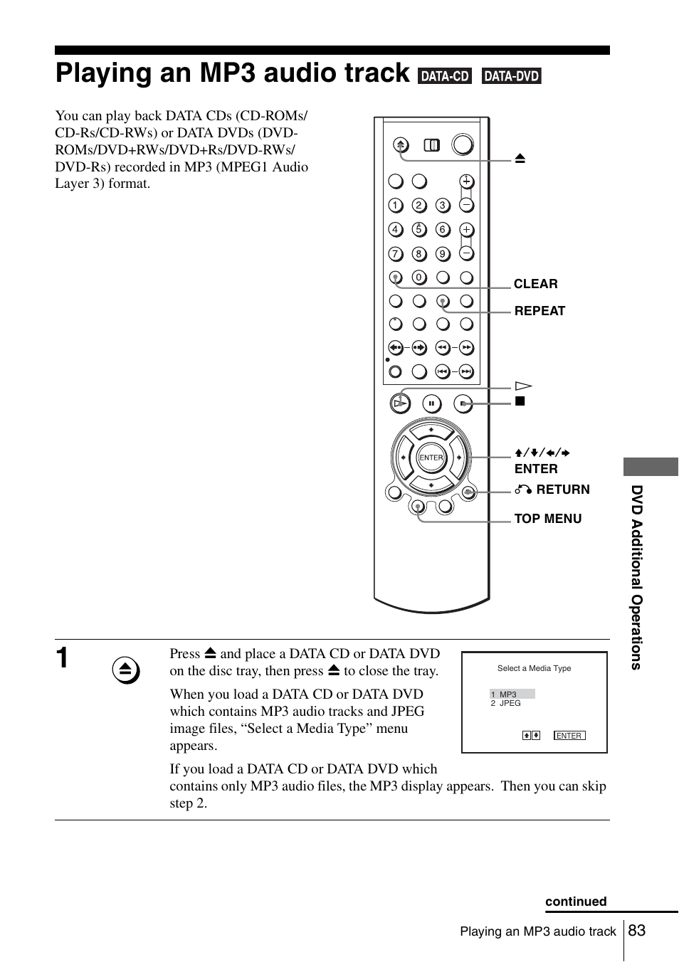 Playing an mp3 audio track, 83 play | Sony SLV-D980P User Manual | Page 83 / 124