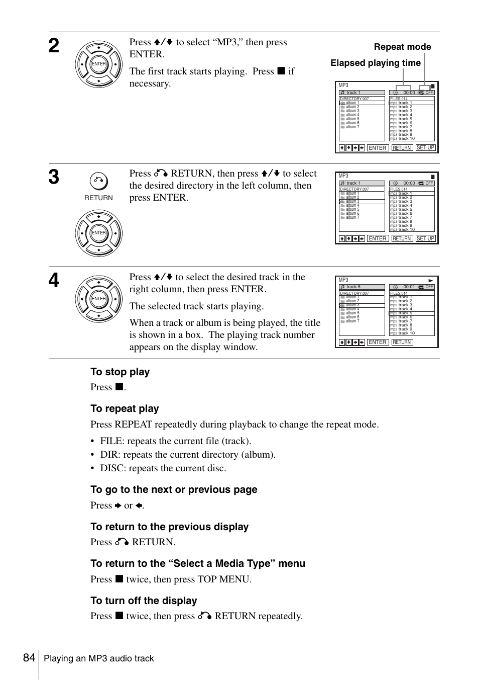 Playing an mp3 audio track, Elapsed playing time repeat mode | Sony SLV-D980P User Manual | Page 84 / 124