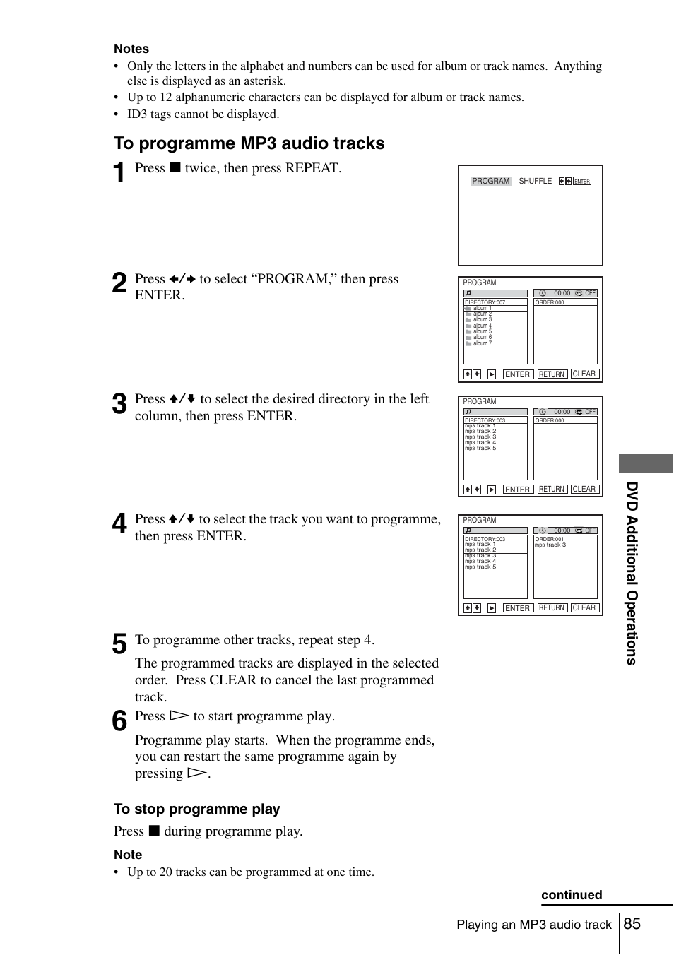 Dv d ad diti onal o p eratio ns, Press x twice, then press repeat, Press b/b to select “program,” then press enter | Playing an mp3 audio track, Continued | Sony SLV-D980P User Manual | Page 85 / 124