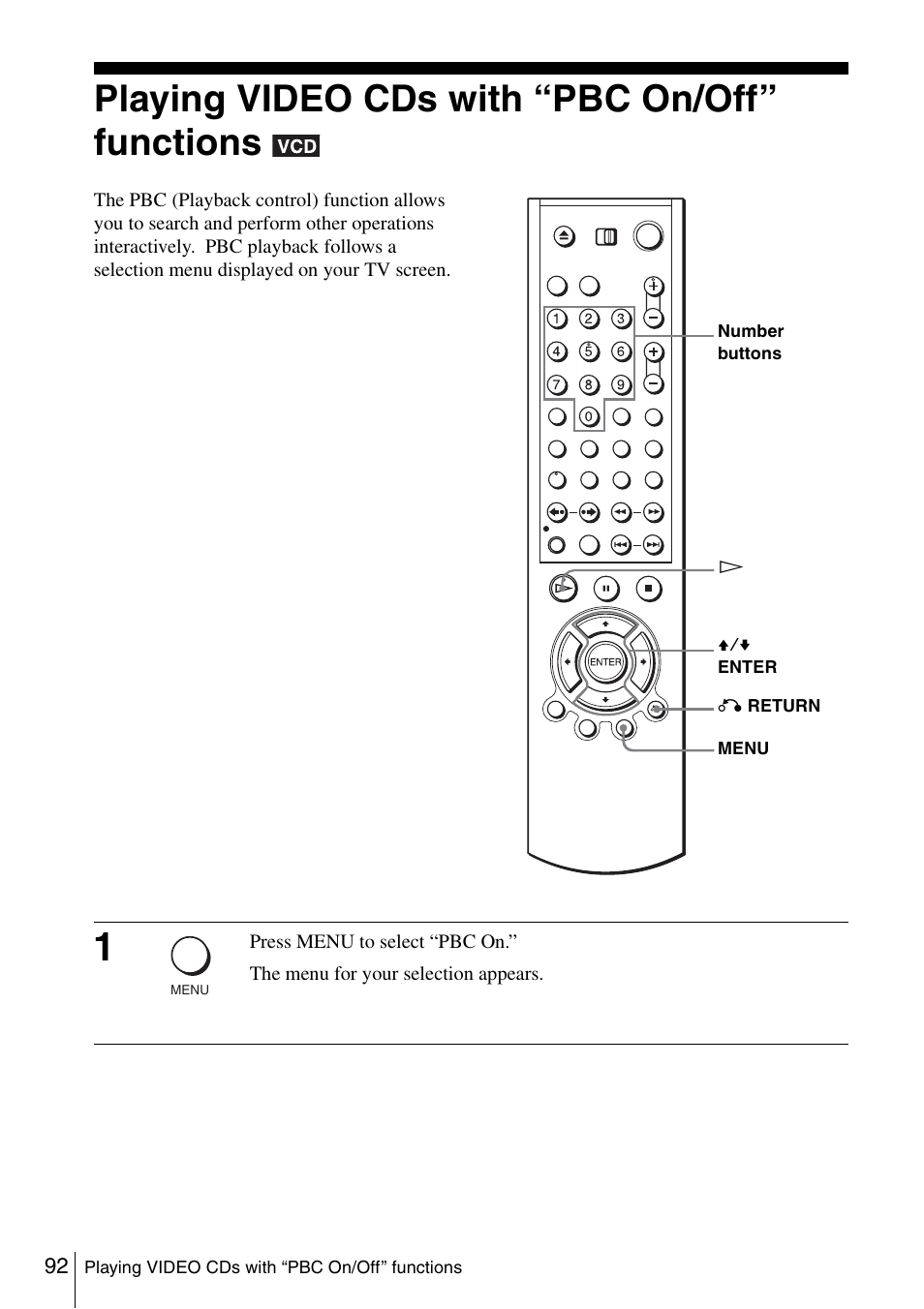 Playing video cds with “pbc on/off” functions, 92 play | Sony SLV-D980P User Manual | Page 92 / 124