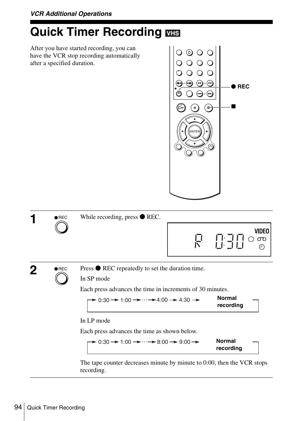 Vcr additional operations, Quick timer recording, 94 quick | Sony SLV-D980P User Manual | Page 94 / 124