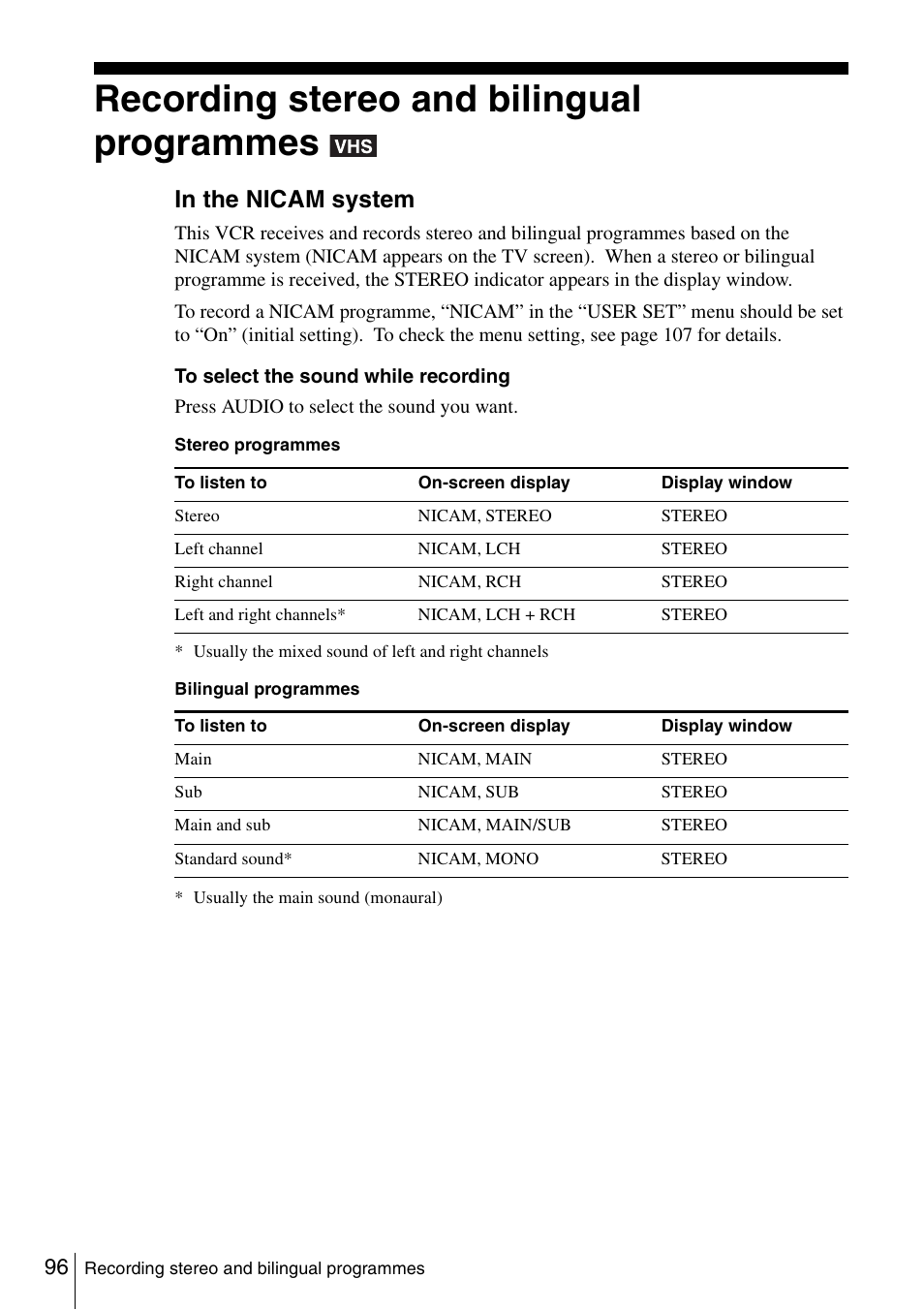 Recording stereo and bilingual programmes, 96 r | Sony SLV-D980P User Manual | Page 96 / 124
