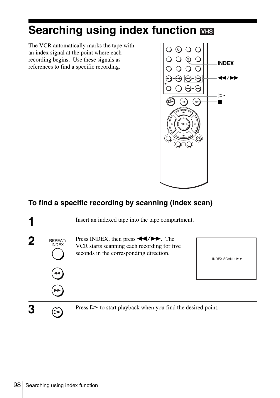 Searching using index function, 98 search | Sony SLV-D980P User Manual | Page 98 / 124