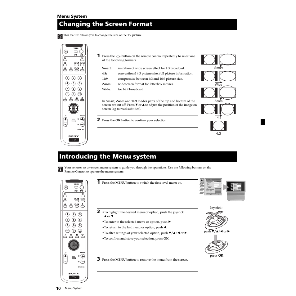 Changing the screen format, Introducing the menu system, 10 gb | Menu system | Sony KP-44PS2U User Manual | Page 10 / 35