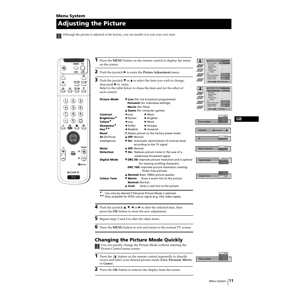 Adjusting the picture, Changing the picture mode quickly, 11 gb | Menu system | Sony KP-44PS2U User Manual | Page 11 / 35