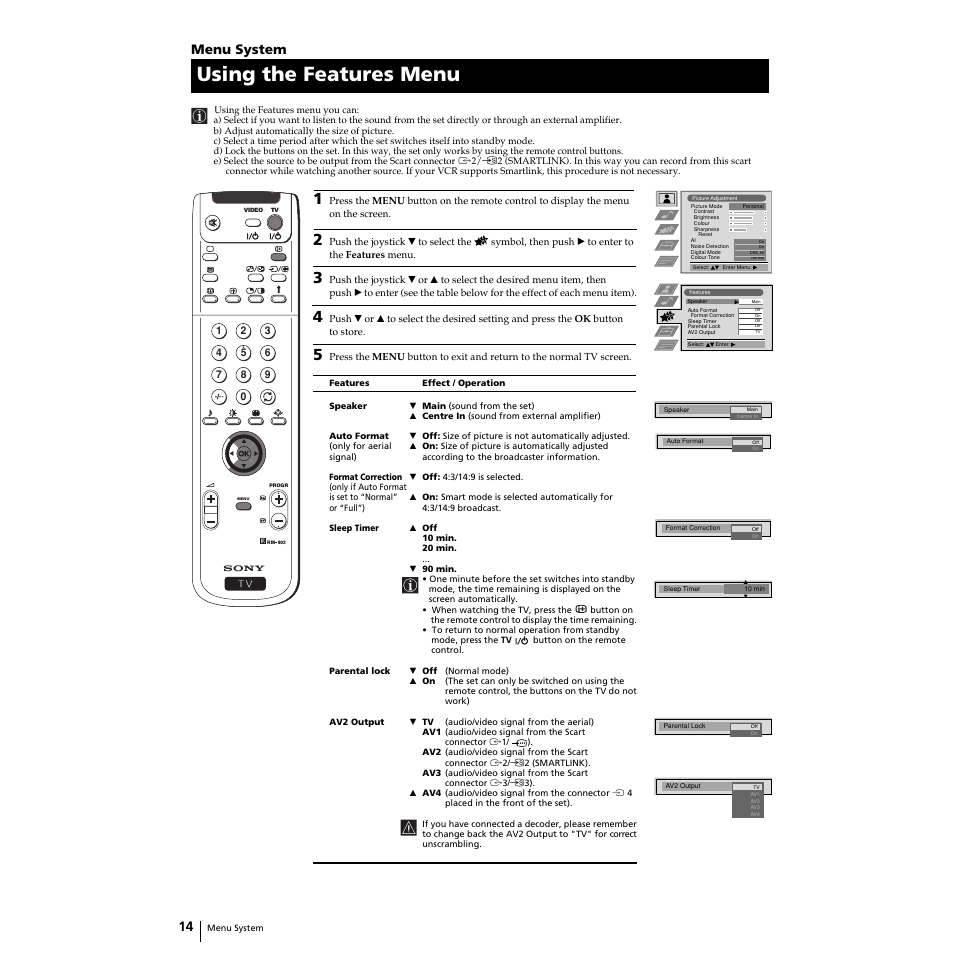 Using the features menu, Menu system | Sony KP-44PS2U User Manual | Page 14 / 35