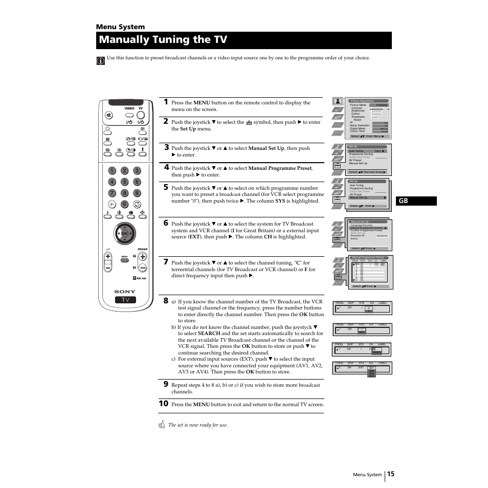 Manually tuning the tv, 15 gb, Menu system | Sony KP-44PS2U User Manual | Page 15 / 35