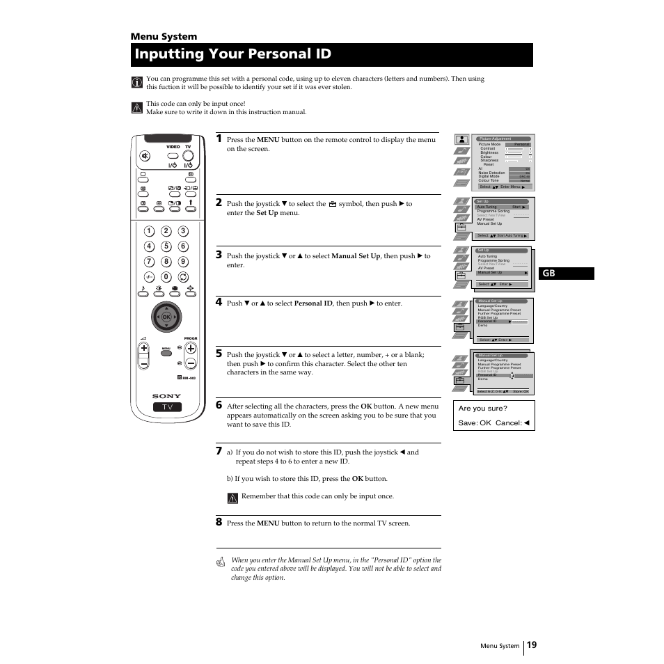 Inputting your personal id, 19 gb, Menu system | Sony KP-44PS2U User Manual | Page 19 / 35