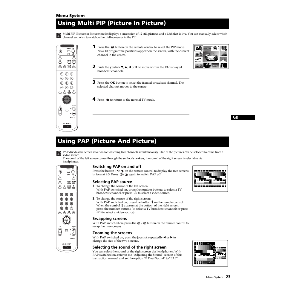 Using multi pip (picture in picture), Using pap (picture and picture), 23 gb | Menu system, Switching pap on and off, Selecting pap source, Swapping screens, Zooming the screens, Selecting the sound of the right screen | Sony KP-44PS2U User Manual | Page 23 / 35