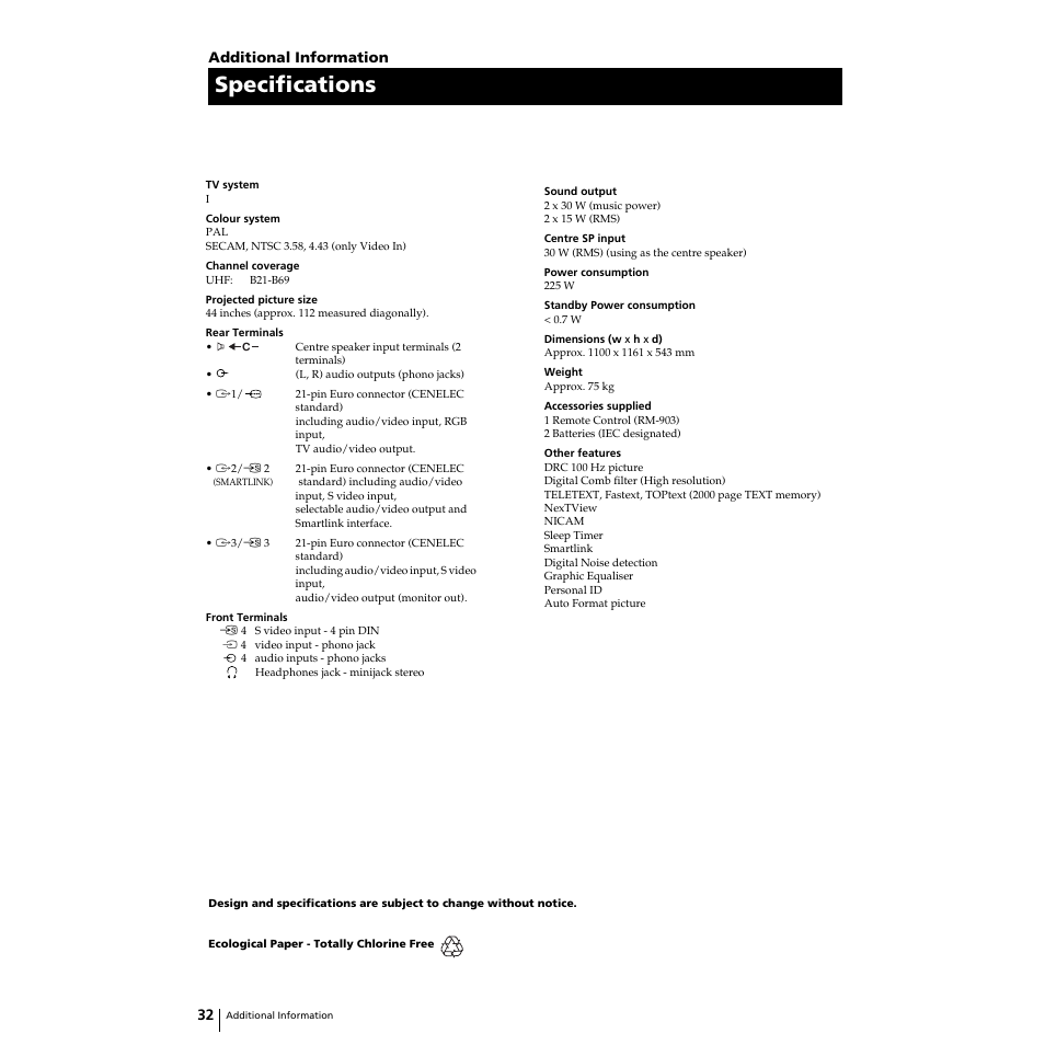 Specifications | Sony KP-44PS2U User Manual | Page 32 / 35