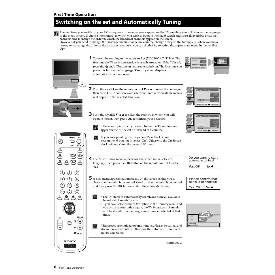 Switching on the set and automatically tuning, 8first time operation | Sony KP-44PS2U User Manual | Page 8 / 35