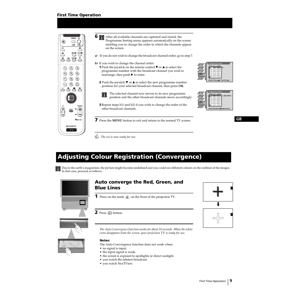 Adjusting colour registration (convergence), Auto converge the red, green, and blue lines 1, 9gb first time operation | Sony KP-44PS2U User Manual | Page 9 / 35