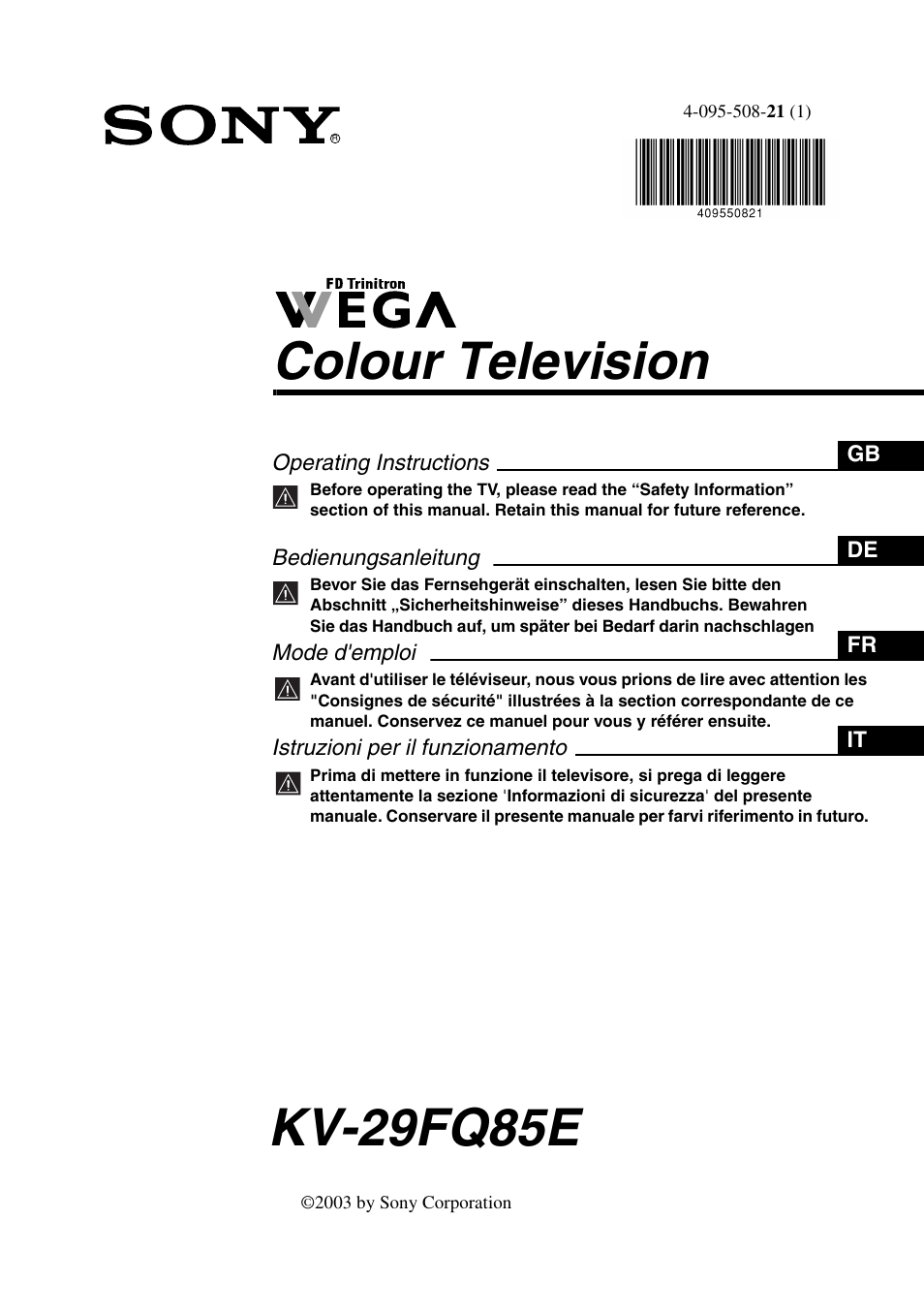 Sony KV-29FQ85E User Manual | 111 pages