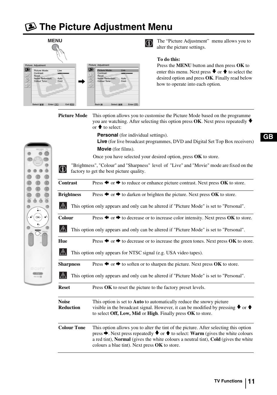 The picture adjustment menu, 11 gb | Sony KV-29FQ85E User Manual | Page 10 / 111