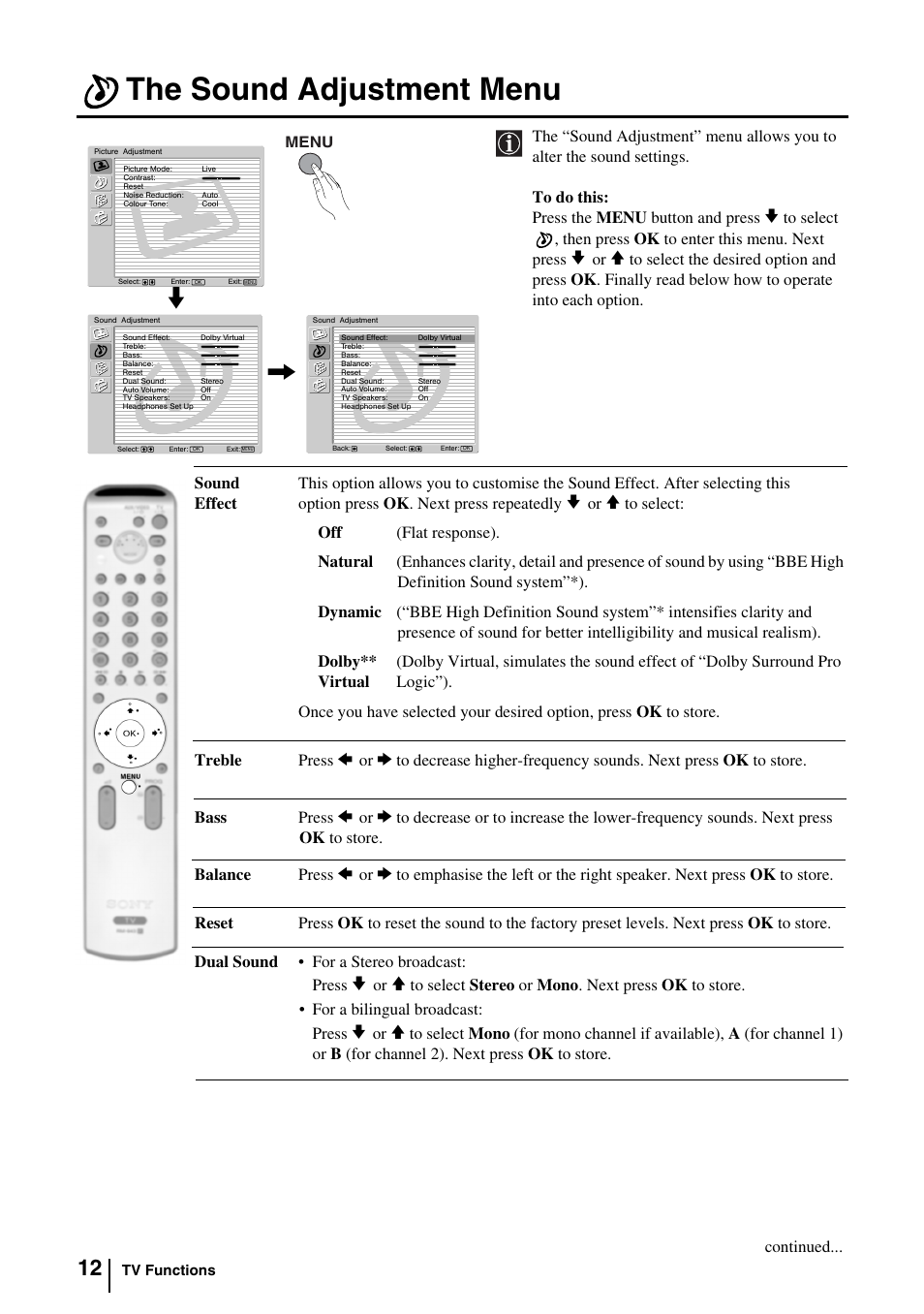 The sound adjustment menu | Sony KV-29FQ85E User Manual | Page 11 / 111