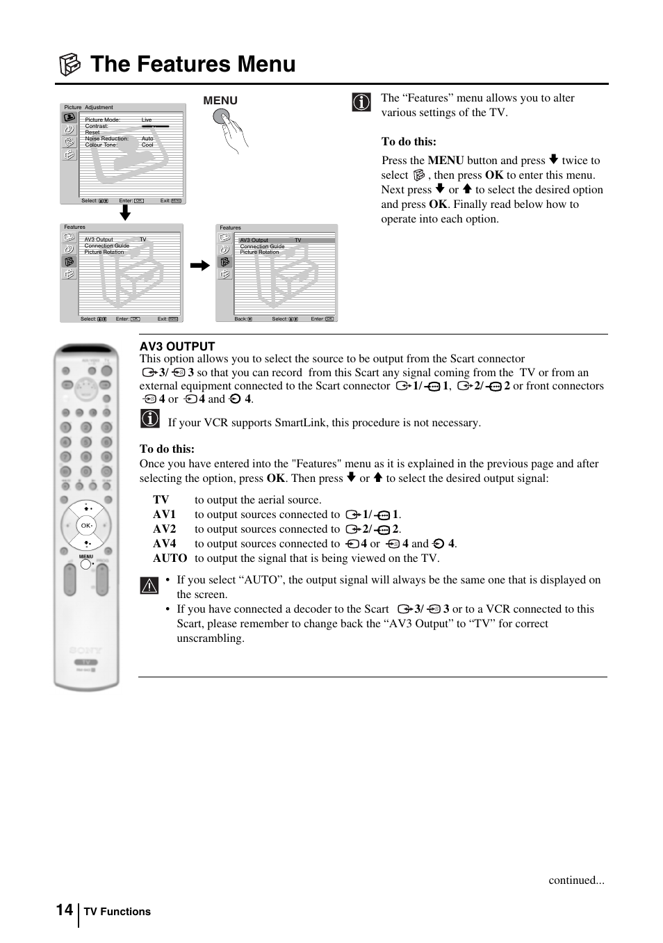 The features menu | Sony KV-29FQ85E User Manual | Page 13 / 111