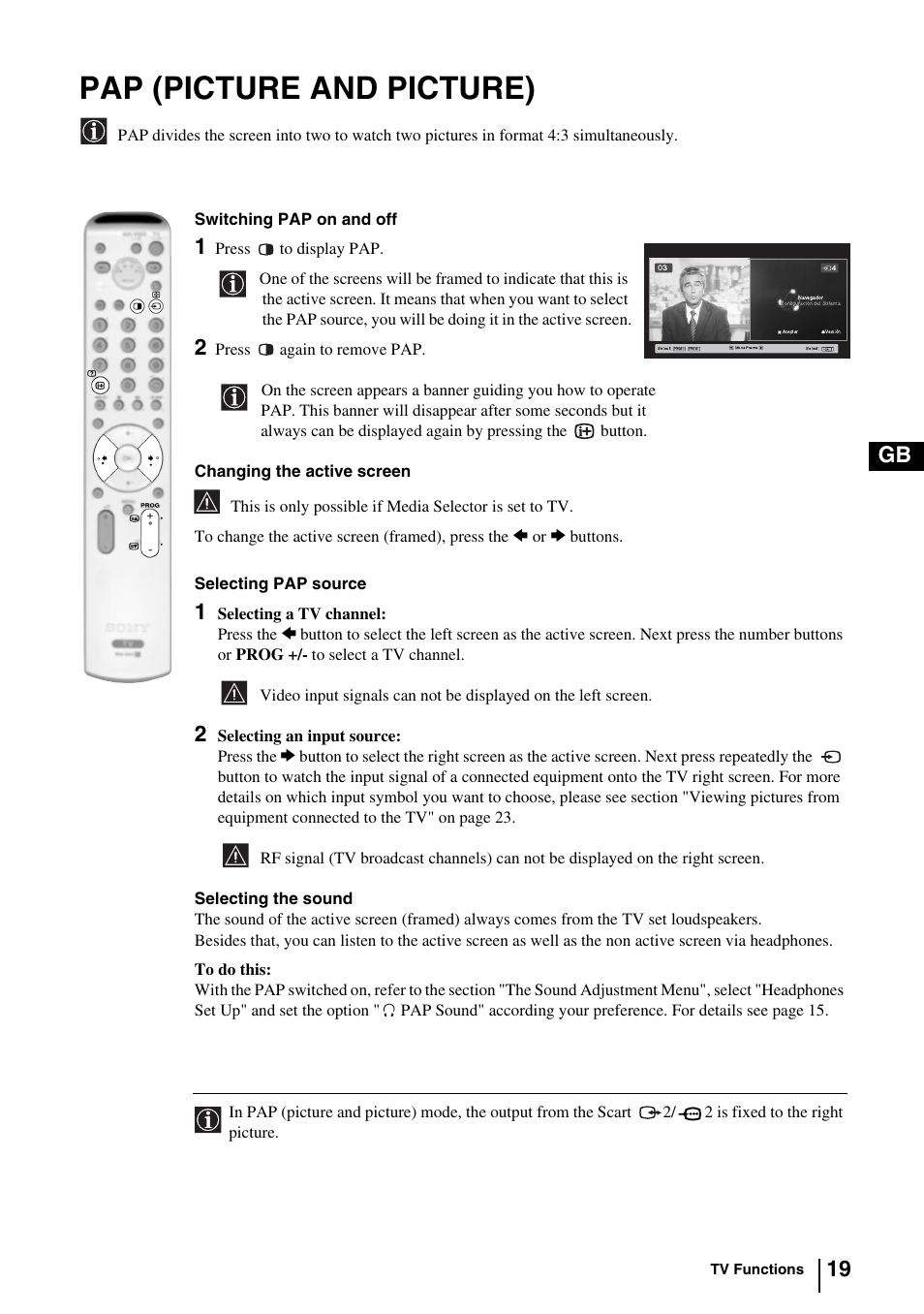 Pap (picture and picture), 19 gb | Sony KV-29FQ85E User Manual | Page 18 / 111