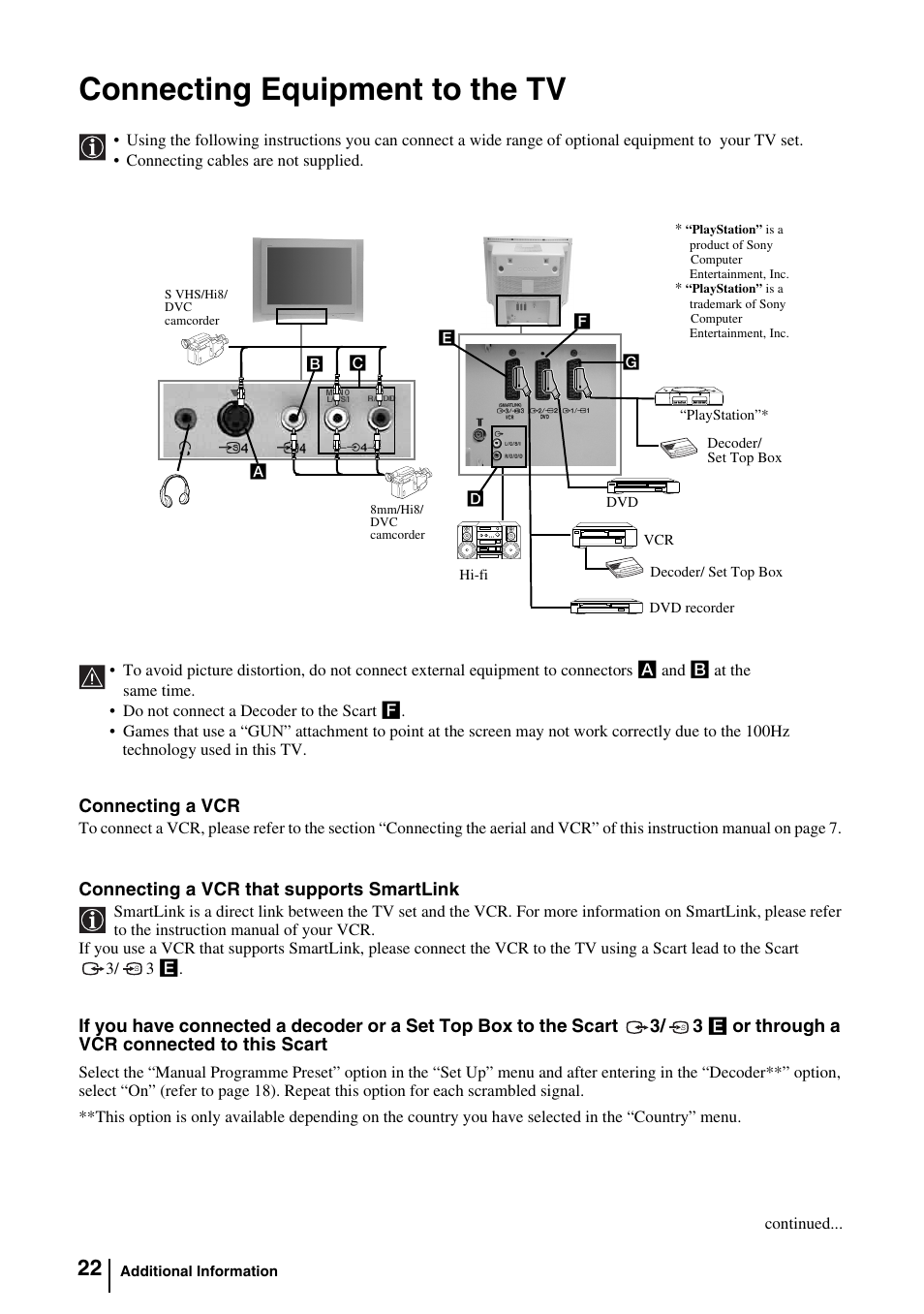 Connecting equipment to the tv, Connecting a vcr, Connecting a vcr that supports smartlink | Or through a vcr connected to this scart | Sony KV-29FQ85E User Manual | Page 21 / 111