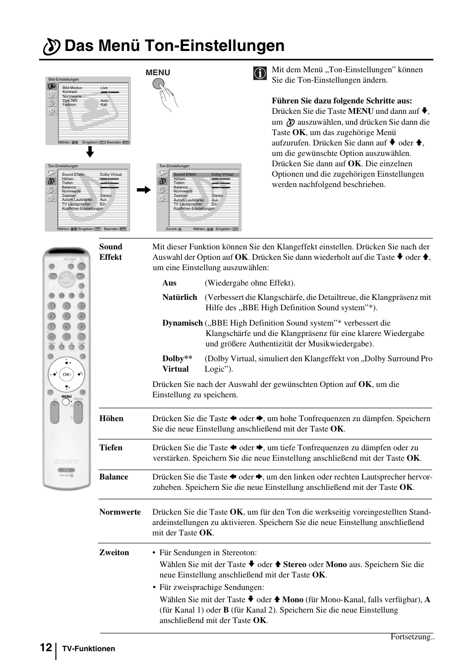 Das menü ton-einstellungen | Sony KV-29FQ85E User Manual | Page 38 / 111