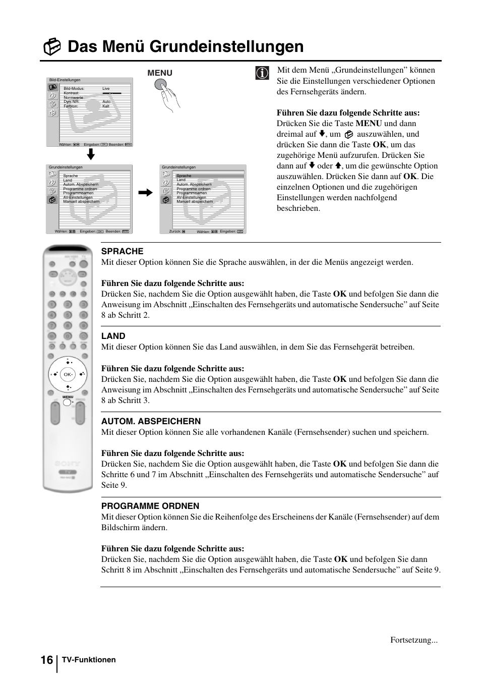 Das menü grundeinstellungen, Oder, Fortsetzung | Sony KV-29FQ85E User Manual | Page 42 / 111