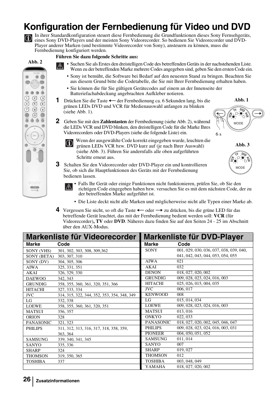 Konfiguration der fernbedienung für video und dvd | Sony KV-29FQ85E User Manual | Page 52 / 111