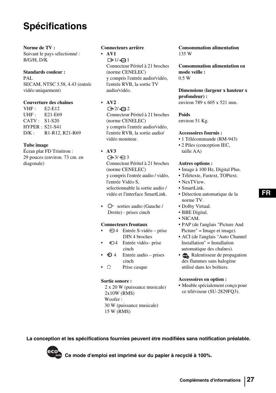 Spécifications, 27 fr | Sony KV-29FQ85E User Manual | Page 80 / 111