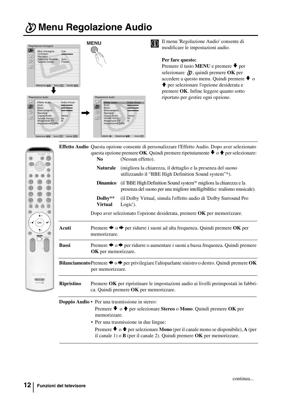 Menu regolazione audio | Sony KV-29FQ85E User Manual | Page 93 / 111
