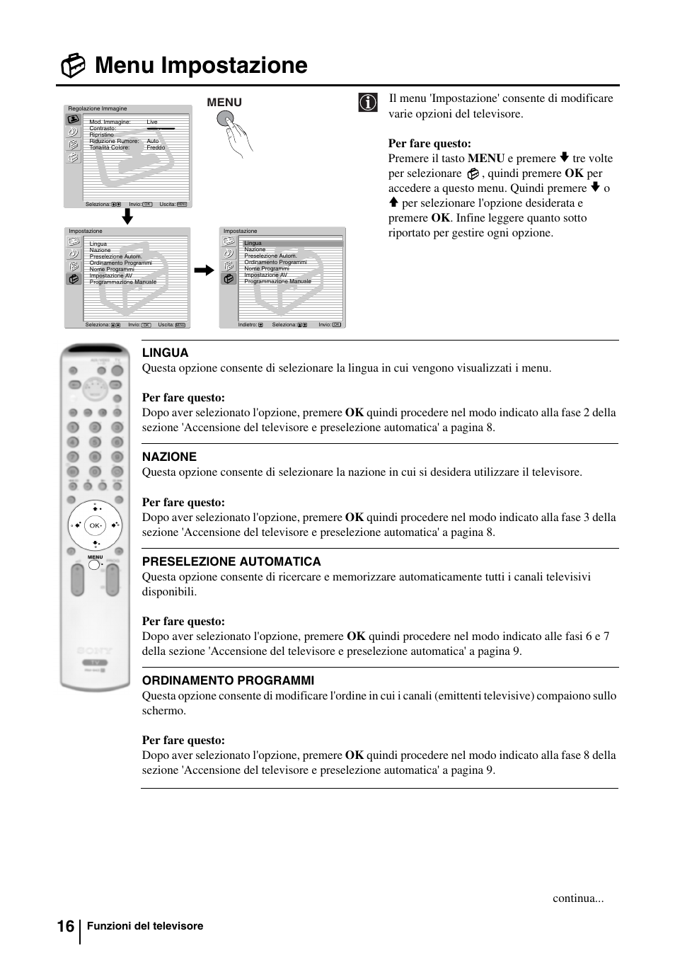 Menu impostazione, Continua | Sony KV-29FQ85E User Manual | Page 97 / 111