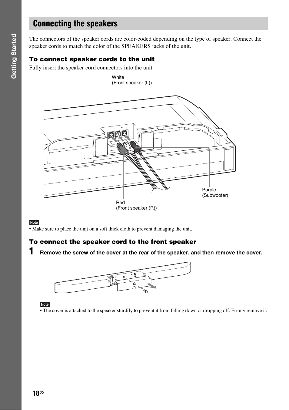 Connecting the speakers, Gettin g star ted | Sony BDV-F7 User Manual | Page 18 / 76