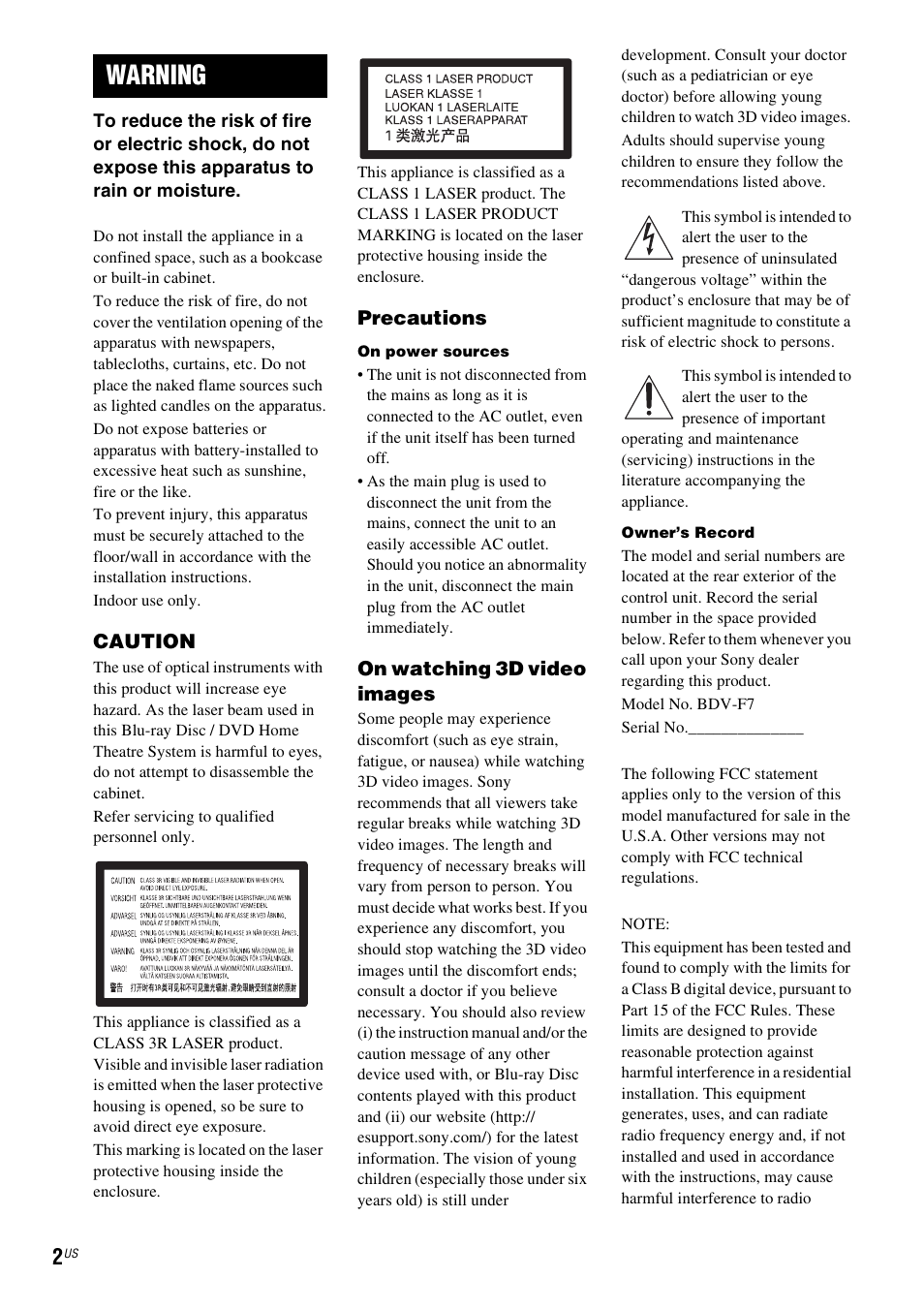 Warning | Sony BDV-F7 User Manual | Page 2 / 76