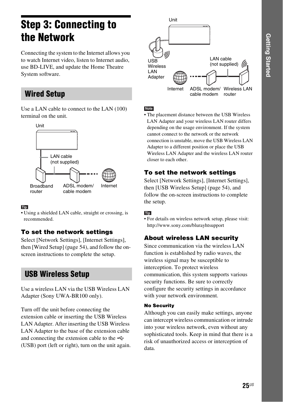 Step 3: connecting to the network, Wired setup, Usb wireless setup | Step 3: connecting to the, Network, E 25), Wired setup usb wireless setup | Sony BDV-F7 User Manual | Page 25 / 76