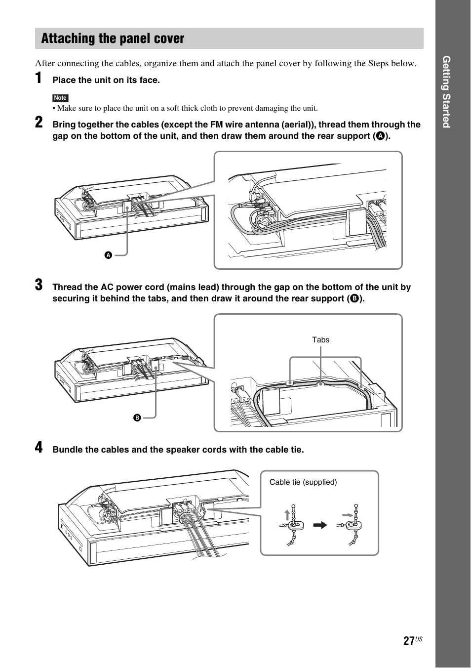 Attaching the panel cover, Ge tting star te d, Place the unit on its face | Sony BDV-F7 User Manual | Page 27 / 76
