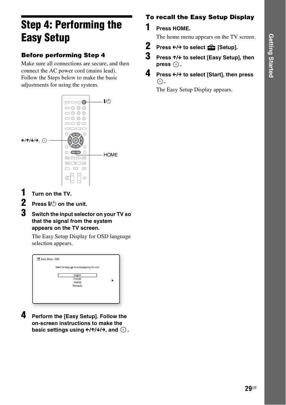 Step 4: performing the easy setup, Step 4: performing the easy, Setup | Es 29 | Sony BDV-F7 User Manual | Page 29 / 76