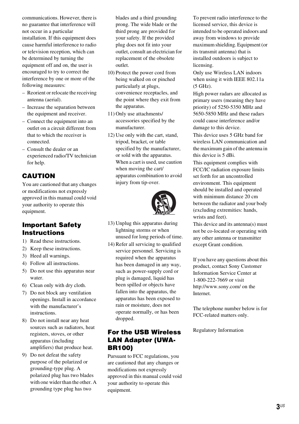 Caution, Important safety instructions, For the usb wireless lan adapter (uwa- br100) | Sony BDV-F7 User Manual | Page 3 / 76