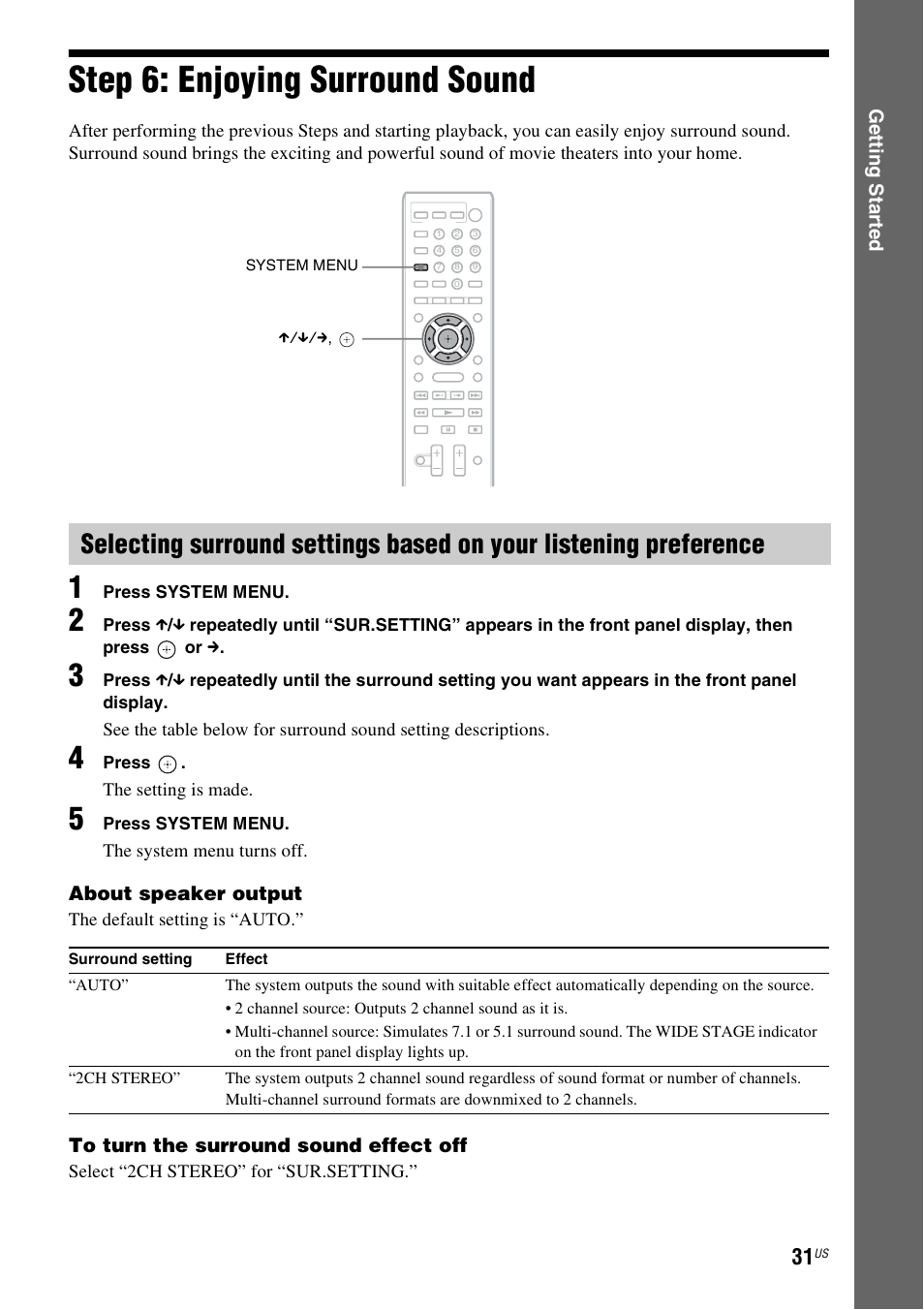 Step 6: enjoying surround sound, Step 6: enjoying surround, Sound | Es 31 | Sony BDV-F7 User Manual | Page 31 / 76