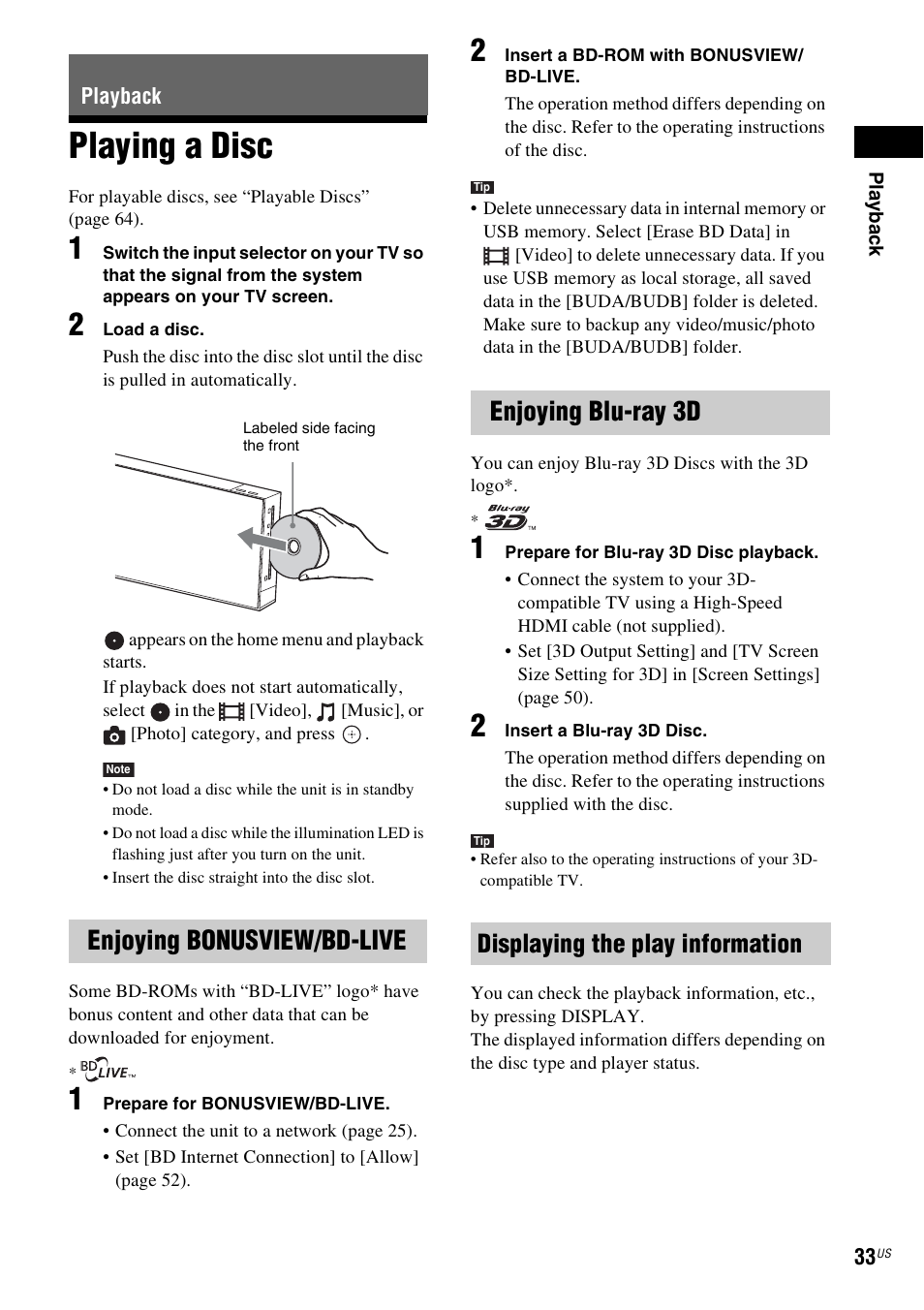Playback, Playing a disc, Enjoying bonusview/bd-live | Enjoying blu-ray 3d, Displaying the play information, Es 33 | Sony BDV-F7 User Manual | Page 33 / 76