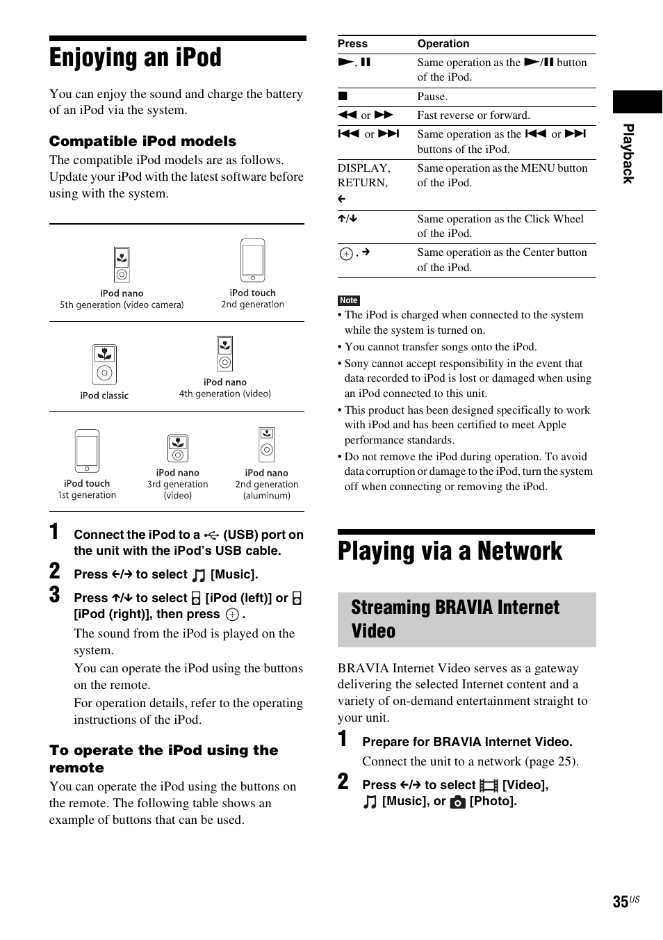 Enjoying an ipod, Playing via a network, Streaming bravia internet video | Enjoying an ipod playing via a network | Sony BDV-F7 User Manual | Page 35 / 76