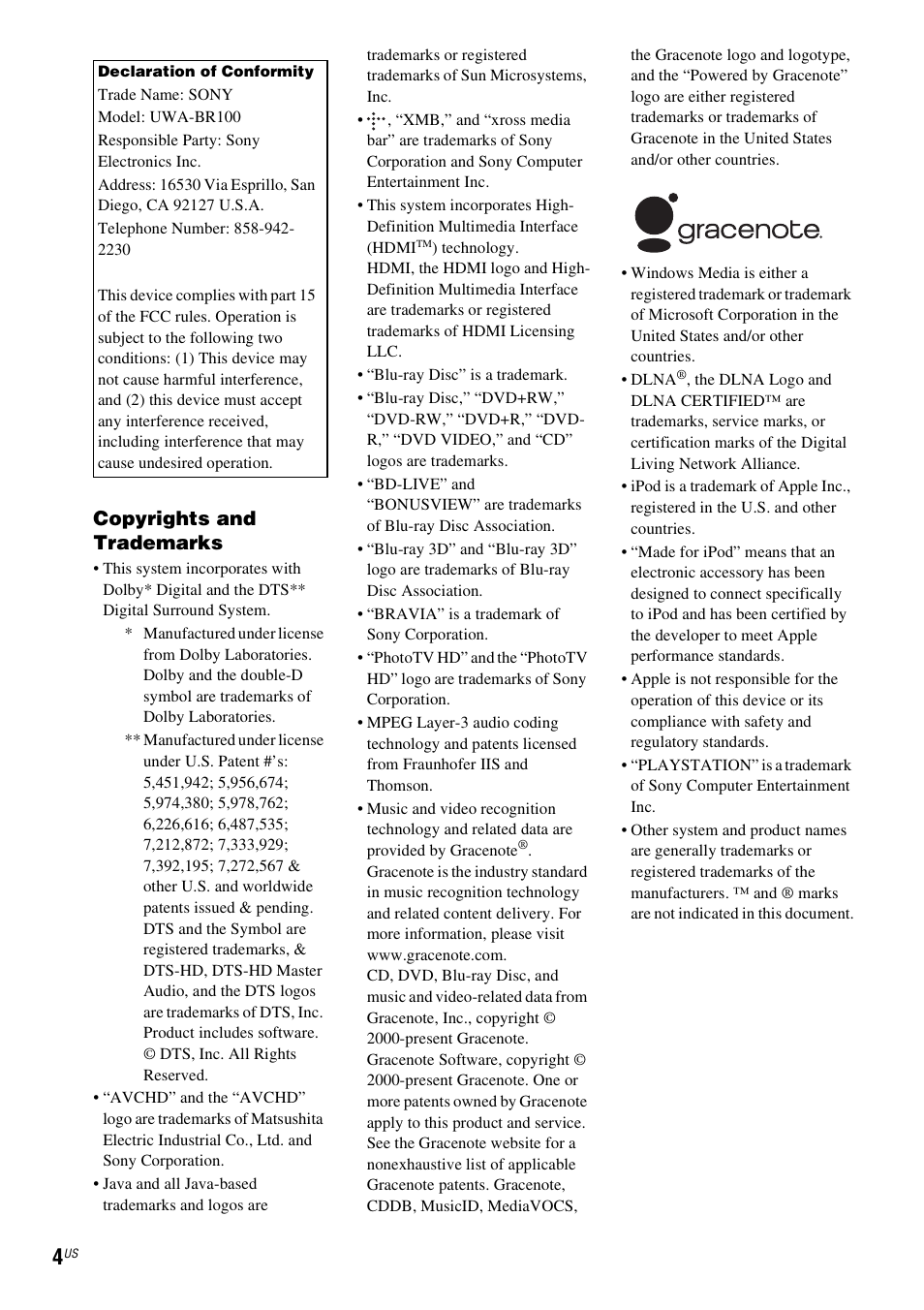 Copyrights and trademarks | Sony BDV-F7 User Manual | Page 4 / 76