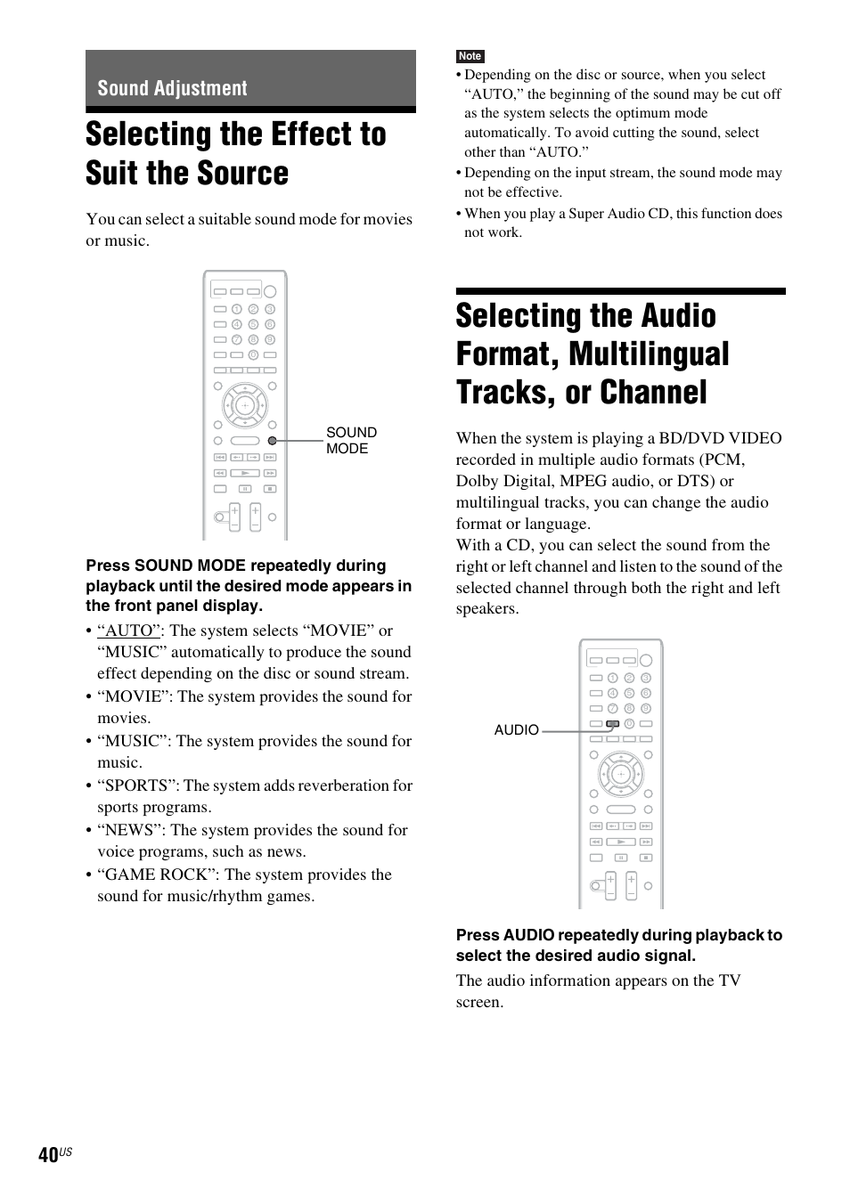 Sound adjustment, Selecting the effect to suit the source, Selecting the effect to suit the | Source, Selecting the audio format, multilingual, Tracks, or channel, The audio information appears on the tv screen | Sony BDV-F7 User Manual | Page 40 / 76