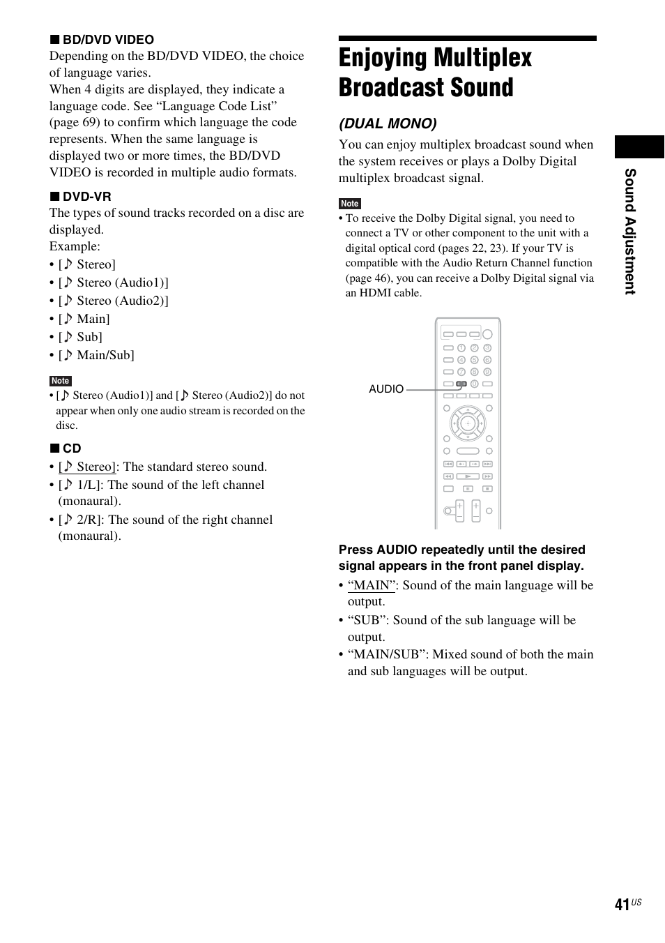Enjoying multiplex broadcast sound, Sou nd adj u stm e nt, Dual mono) | Sony BDV-F7 User Manual | Page 41 / 76