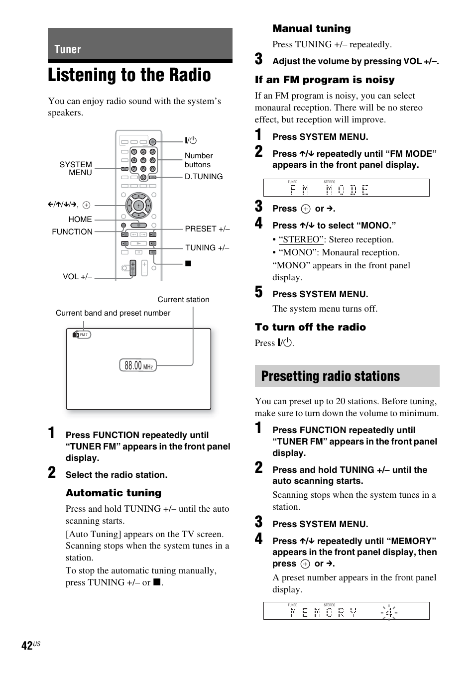 Tuner, Listening to the radio, Presetting radio stations | E 42) | Sony BDV-F7 User Manual | Page 42 / 76