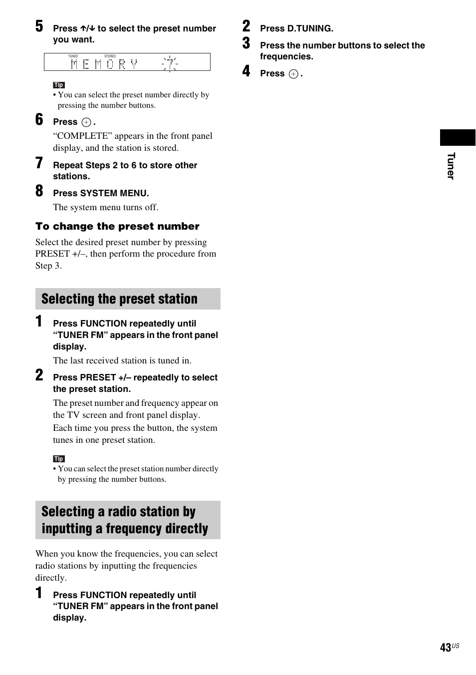 Selecting the preset station | Sony BDV-F7 User Manual | Page 43 / 76