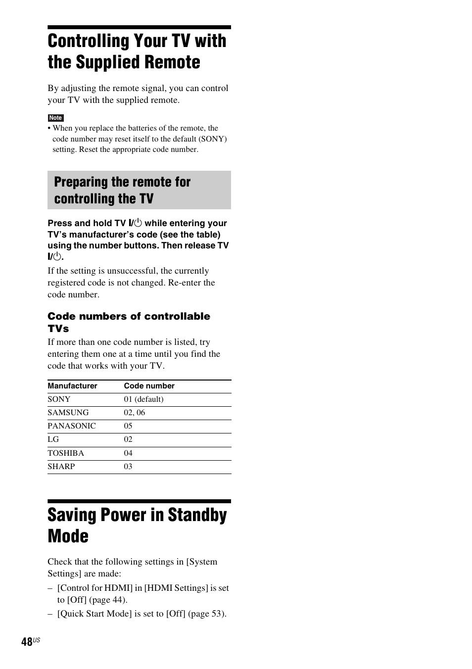 Controlling your tv with the supplied remote, Preparing the remote for controlling the tv, Saving power in standby mode | Controlling your tv with the supplied, Remote | Sony BDV-F7 User Manual | Page 48 / 76