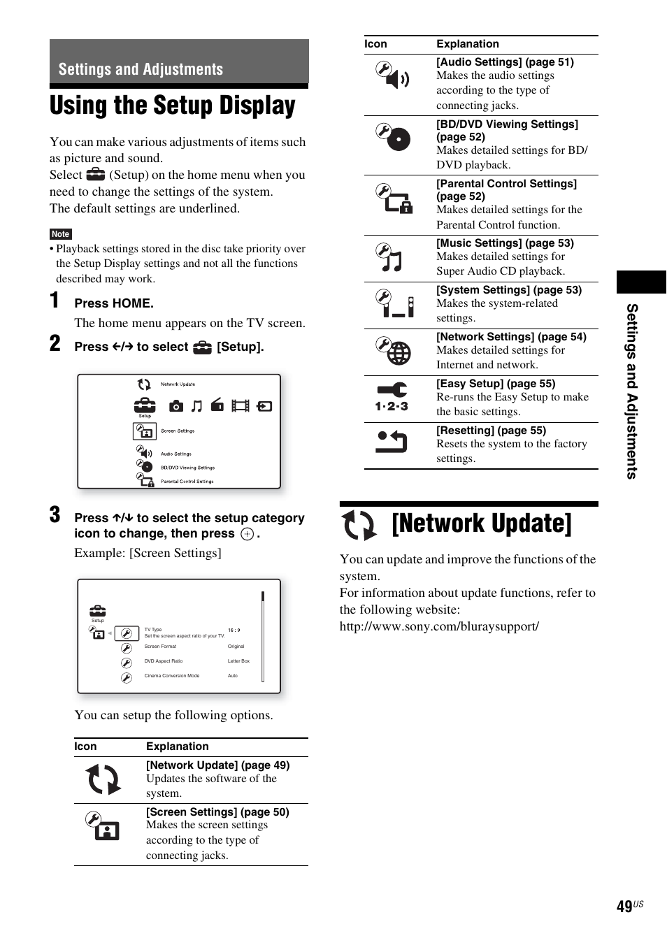 Settings and adjustments, Using the setup display, Network update | Using the setup display [network update | Sony BDV-F7 User Manual | Page 49 / 76