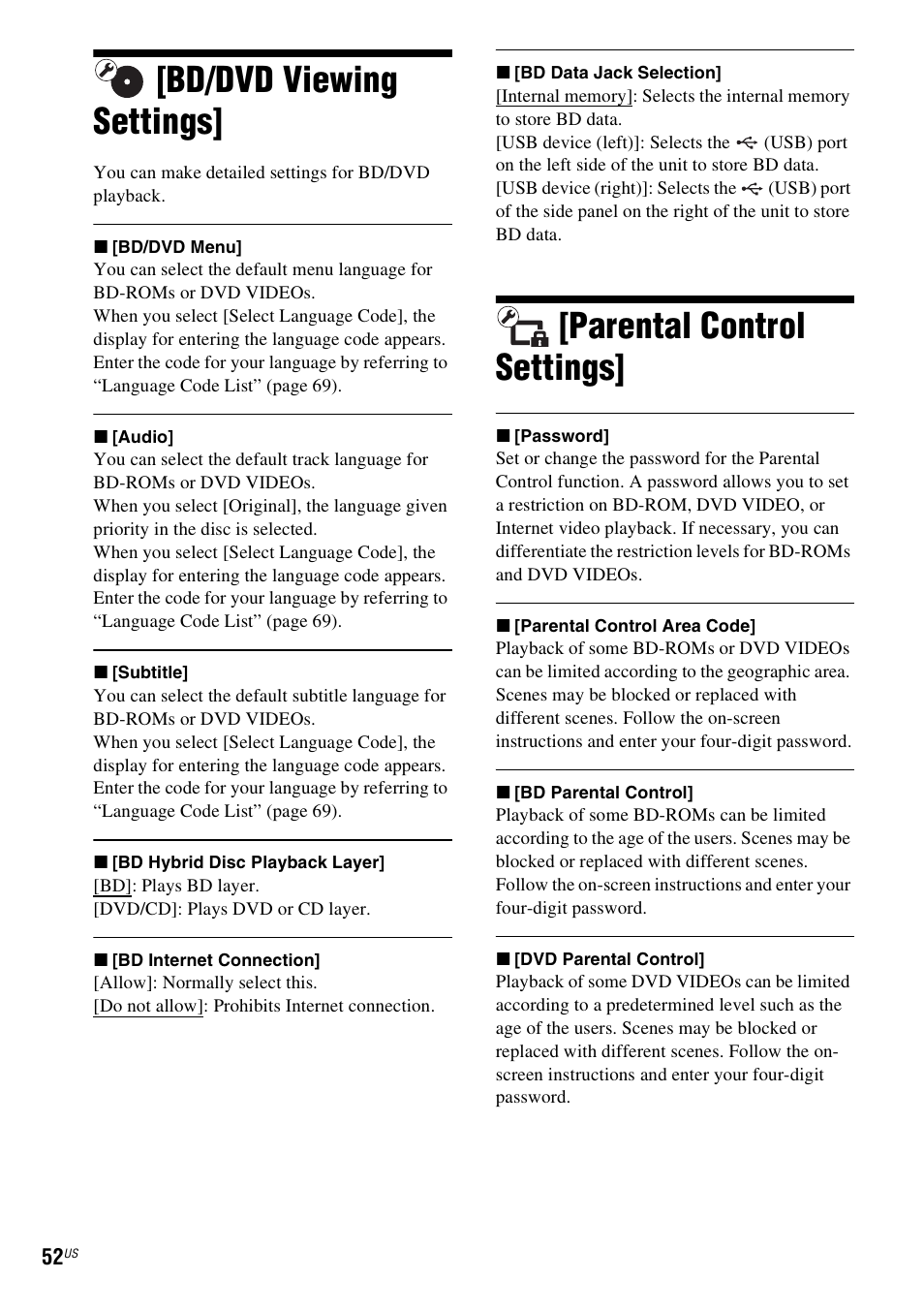 Bd/dvd viewing settings, Parental control settings | Sony BDV-F7 User Manual | Page 52 / 76