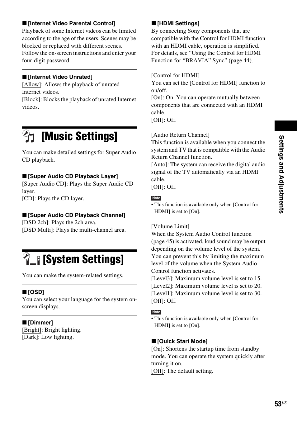 Music settings, System settings, Music settings] [system settings | Sony BDV-F7 User Manual | Page 53 / 76