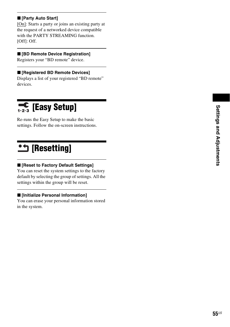 Easy setup, Resetting, Easy setup] [resetting | Sony BDV-F7 User Manual | Page 55 / 76