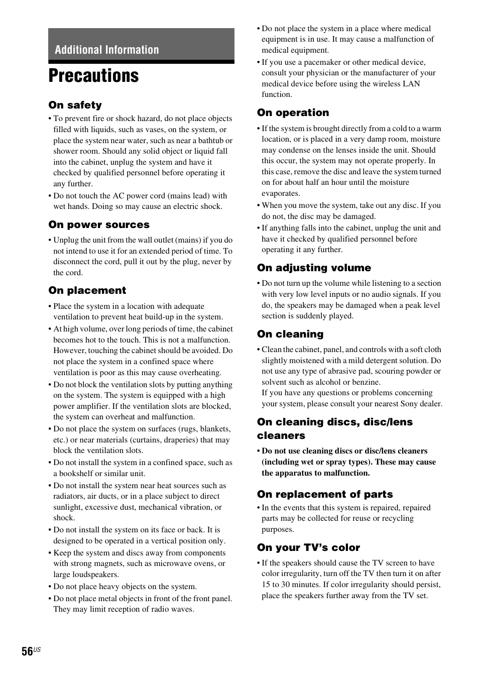 Additional information, Precautions | Sony BDV-F7 User Manual | Page 56 / 76