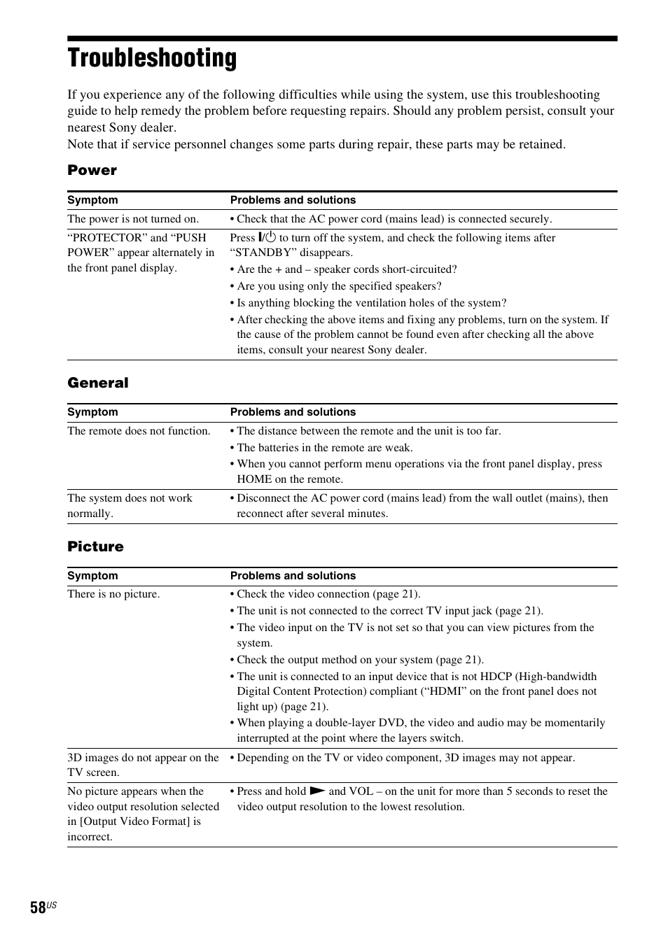 Troubleshooting | Sony BDV-F7 User Manual | Page 58 / 76