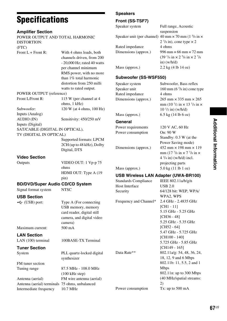 Specifications, Ad dit iona l inf o rma tion | Sony BDV-F7 User Manual | Page 67 / 76